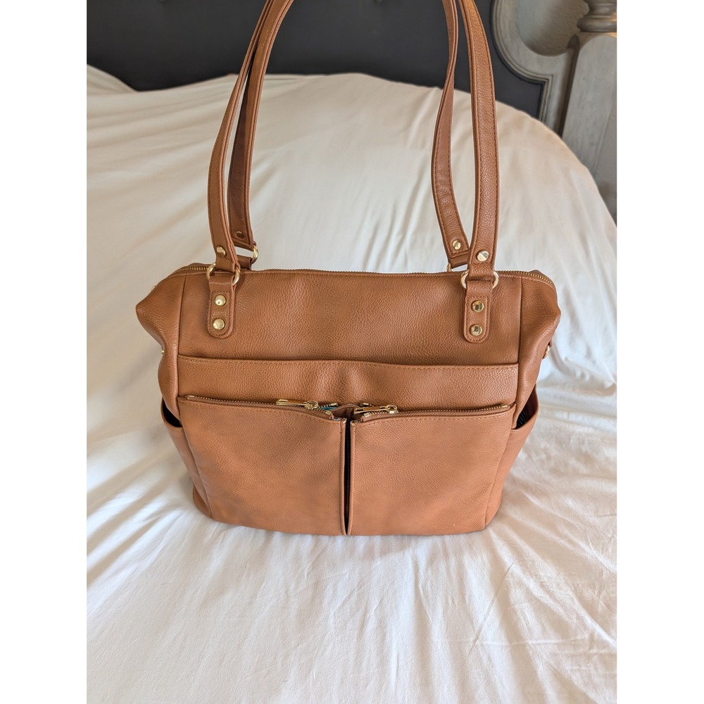 Travel/Diaper Bag Camel Vegan Leather Gold Shoulder or Backpack Carry On Tote